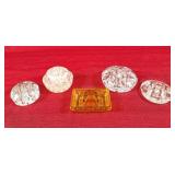 Amber Trinket dish and 4 glass frogs