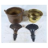 Copper and brass planters and 2 wall shelves