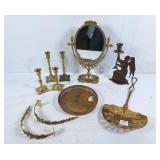 Brass decorator lot! Mirror, tray candle stick