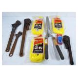 24" pipe Wrench, 18" adjustable wrench, rope,