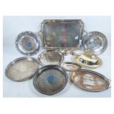 Silver plate platters, serving trays, & candle