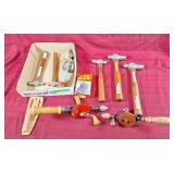 Hand drills, ball peen hammers, drill bits, etc