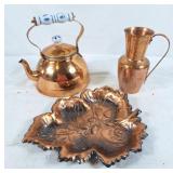 Copper tea pot, copper pitcher, copper leaf