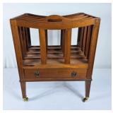 Vintage Wood Magazine Stand on Wheels w/Drawer -