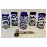 6 Cobalt blue Spiral hand blown art glasses bar