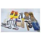 Welding gloves, hammer, tin snips, copper wire,
