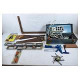 Handyman lot! Caulking gun, levels, saws, square,