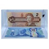 1986 Canada Two Dollar Bill and 2013 Canada Five