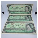 Three Uncirculated 1967 Canada One Dollar Bills