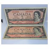 Two 1954 Canada Two Dollar Bills