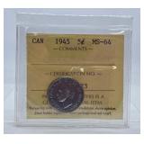 ICCS Graded Mint State 1945 Canada Nickel