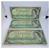 Three 1967 Canada One Dollar Bills