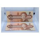 Pair of 1986 Canada Two Dollar Bills