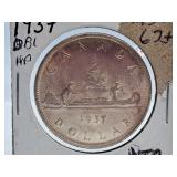 Mint State 1937 Canada One Dollar Coin with