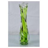 Vintage Green & Clear Glass Swung Vase - 8.75"H