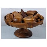 Beautiful Wood Pedestal Bowl w/Carved Wood Fruit