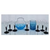Etched Black Stem Sherry Glasses & Blue Glass