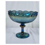 Vintage Blue Carnival Glass Pedestal Bowl