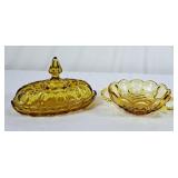 Vintage Amber Glass Covered Butter Dish & Sugar