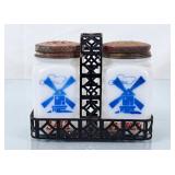 Windmill Milk Glass Shaker Set w/Metal Holder