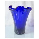 Stunning Cobalt Blue Ruffled Top Glass Vase - 8"H