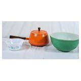 Vintage Pyrex Green 403, Orange Fondue Pot &