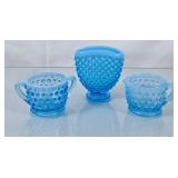 Vintage Blue Glass Hobnail Vase & Cream & Sugar