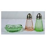 Vintage S&P Shakers & Green Glass Trinket Dish -