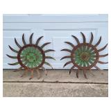 Pair of 17" metal garden art wheels / flowers