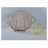 Pink Glass Cake Plate & Yellow Glass Sugar Dish