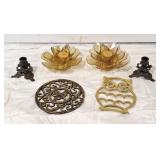 Gilded floral candle holders, brass bowl trivet,