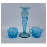 Pretty Blue Glass Vase & Hobnail Cream & Sugar