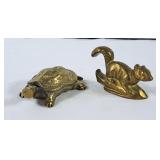 Solid Brass Turtle Paperweight & Squirrel Bottle