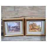 Pair of vintage framed prints. Horse-drawn cart