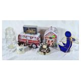Snowman jar, decorative angel, bell, tins, etc