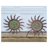 Pair of 17' metal garden art wheels / flowers