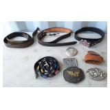 Harley Davidson belt, various belt buckles, and