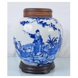 Vintage Blue & White Chinese Ginger Jar w/Wood