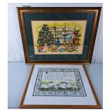 Pair of Hand Stitched Framed Art - Largest is