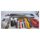 Vintage Level, Handsaws, Rope, Variety of Hammers