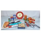 Vintage Spice Tins, Sugar Dish, Wall Clock, etc.