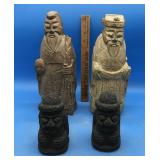 2 Oriental Men Wooden Statues & 2 Small Black