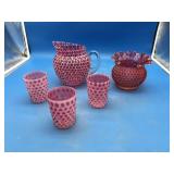 Cranberry Glass Pitcher & Glasses & Fluted Top