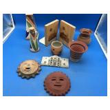 Inlaid Wood Book Ends & Pottery Sun Faces & Other