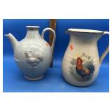4 Large Rooster & 2 Two Tone Brown Pitchers
