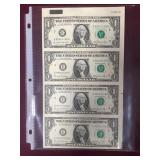 Series 1981, Uncut Sheet Of Four $1 Notes