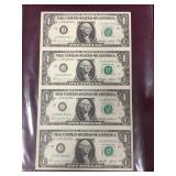 Series 1985, Uncut Sheet Of Four $1 Notes