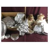 2 Porcelain Dolls and Box of Baking Pans