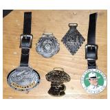 5 Vintage Watch Fobs, 2 With Leather Straps