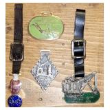 4 Vintage Advertising Watch Fobs, 2 W/Leather